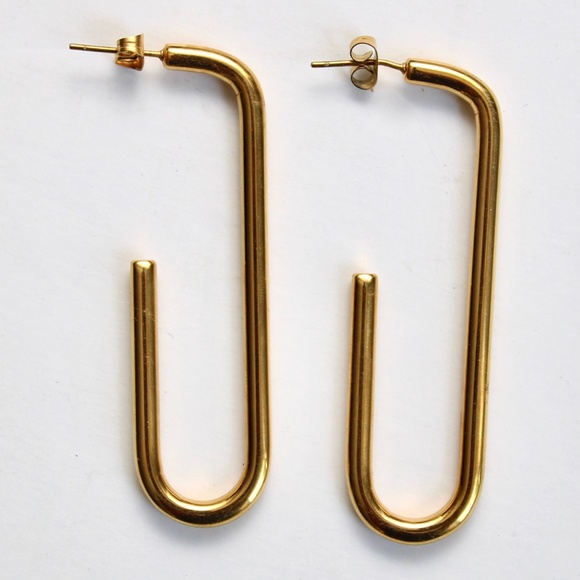 Vintage Gold Tone Rectangle Hoop Paper Clip Drop Hoop Pierced Earrings - Picture 5 of 5